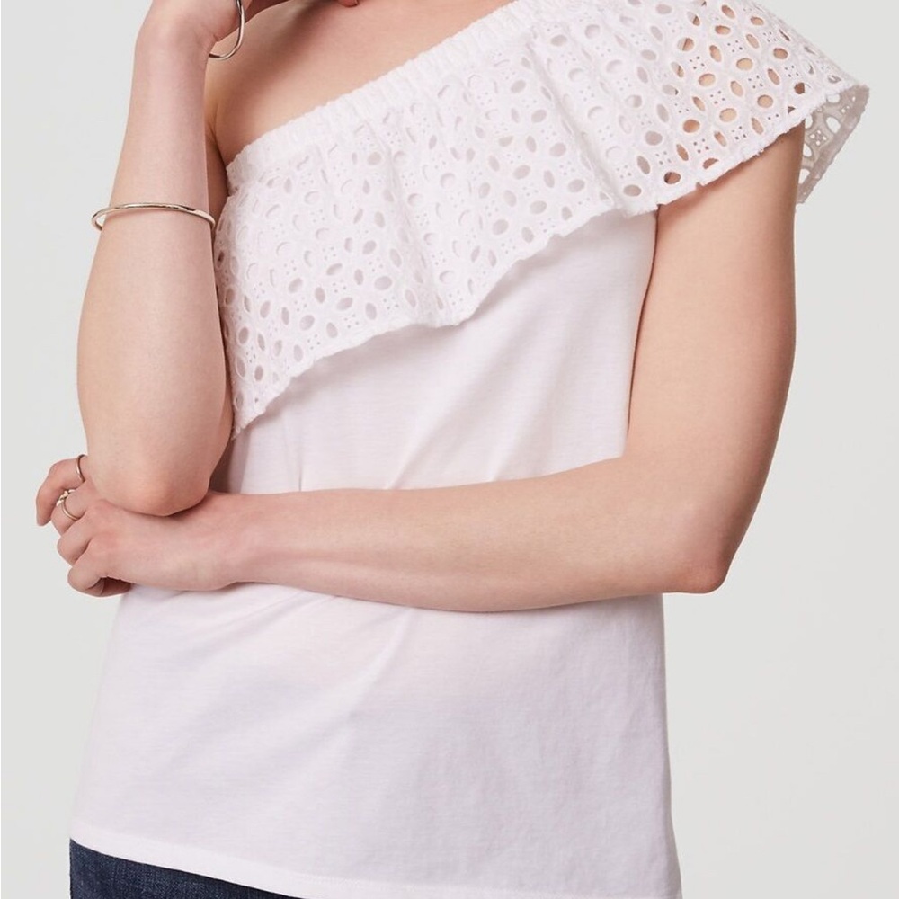 LOFT White Eyelet Ruffle One-Shoulder Blouse
